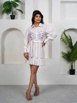Icy White Cotton Flamingo Mini Dress