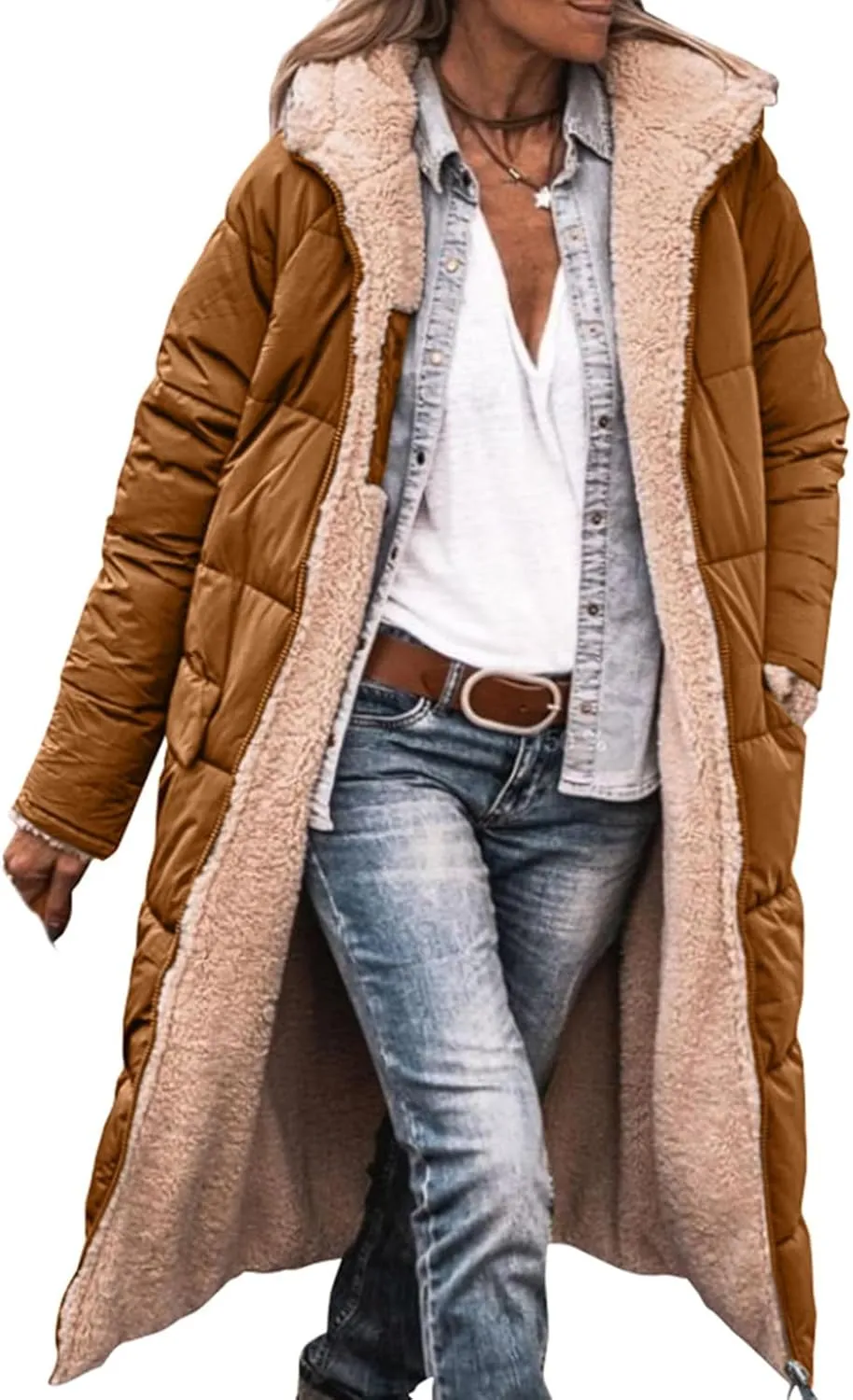 Long Puffer Jacket Womens Zip Up Hoodies Fleece Lined Puffer Vest Reversible Long Sleeve Coat Warm Winter Outwear