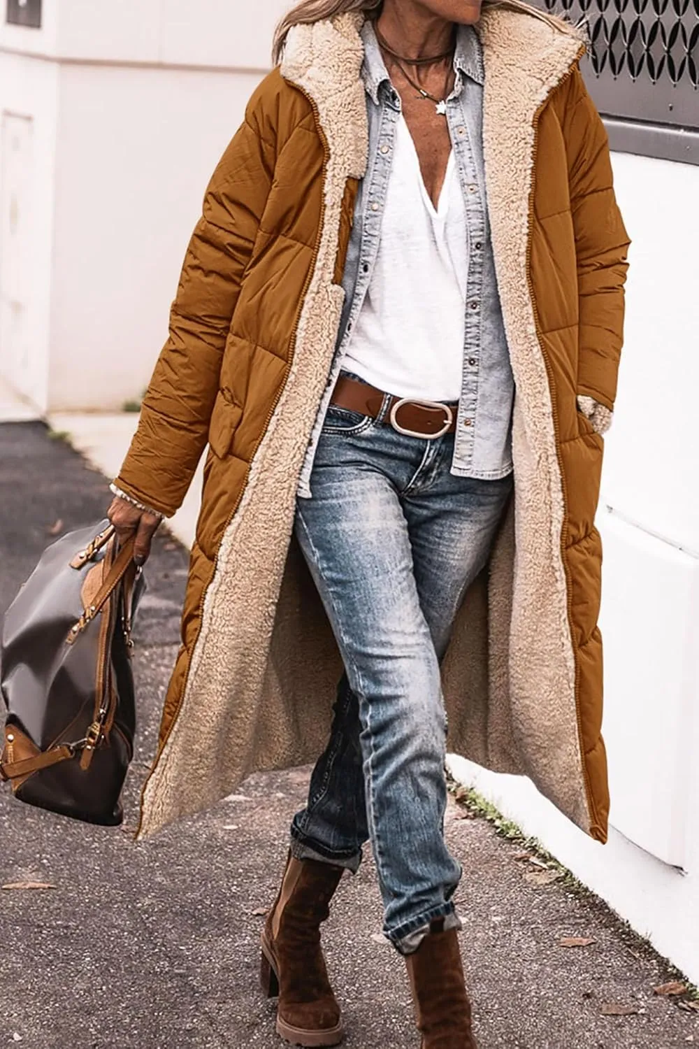 Long Puffer Jacket Womens Zip Up Hoodies Fleece Lined Puffer Vest Reversible Long Sleeve Coat Warm Winter Outwear