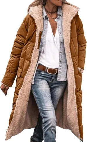 Long Puffer Jacket Womens Zip Up Hoodies Fleece Lined Puffer Vest Reversible Long Sleeve Coat Warm Winter Outwear