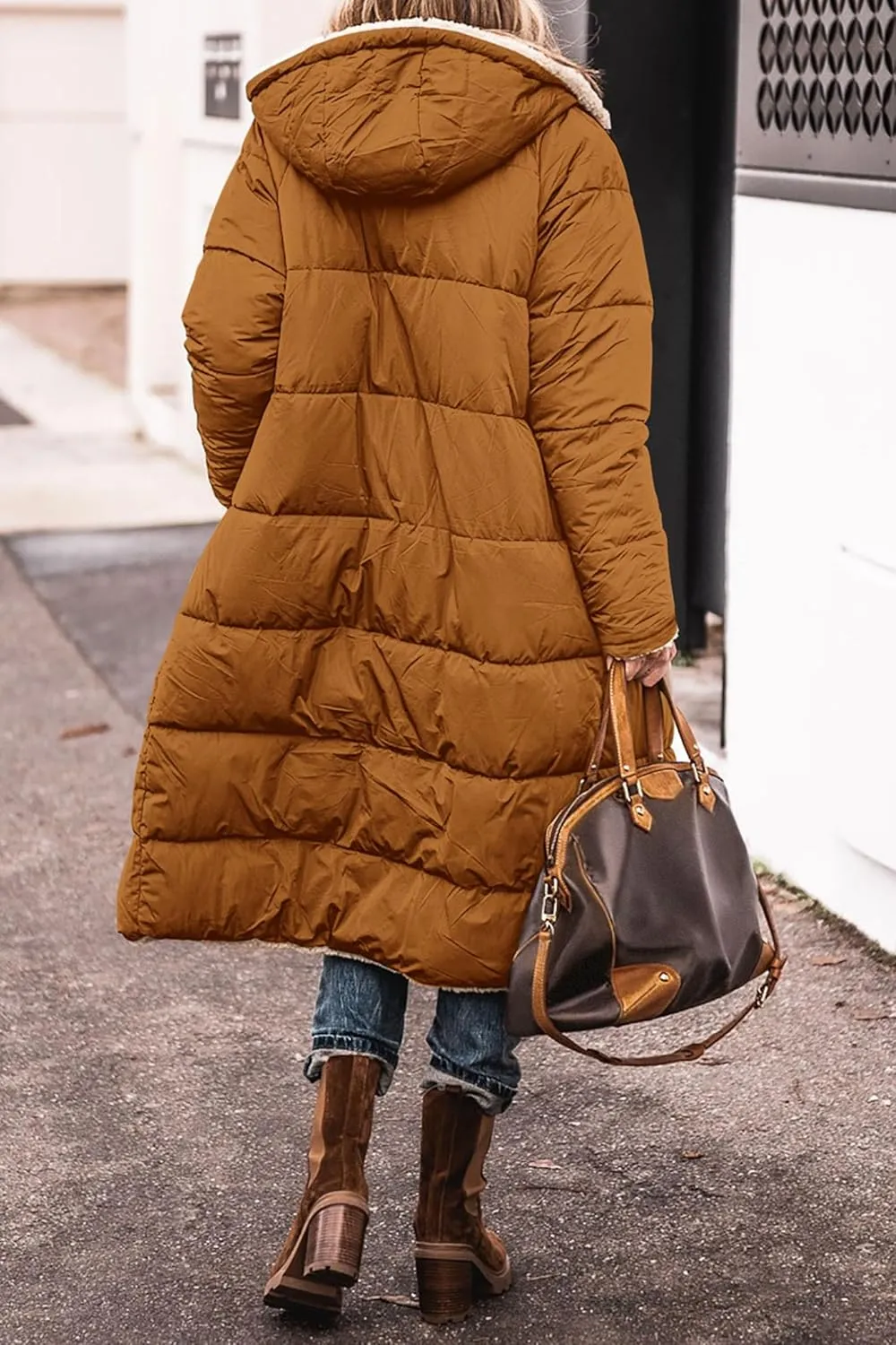Long Puffer Jacket Womens Zip Up Hoodies Fleece Lined Puffer Vest Reversible Long Sleeve Coat Warm Winter Outwear