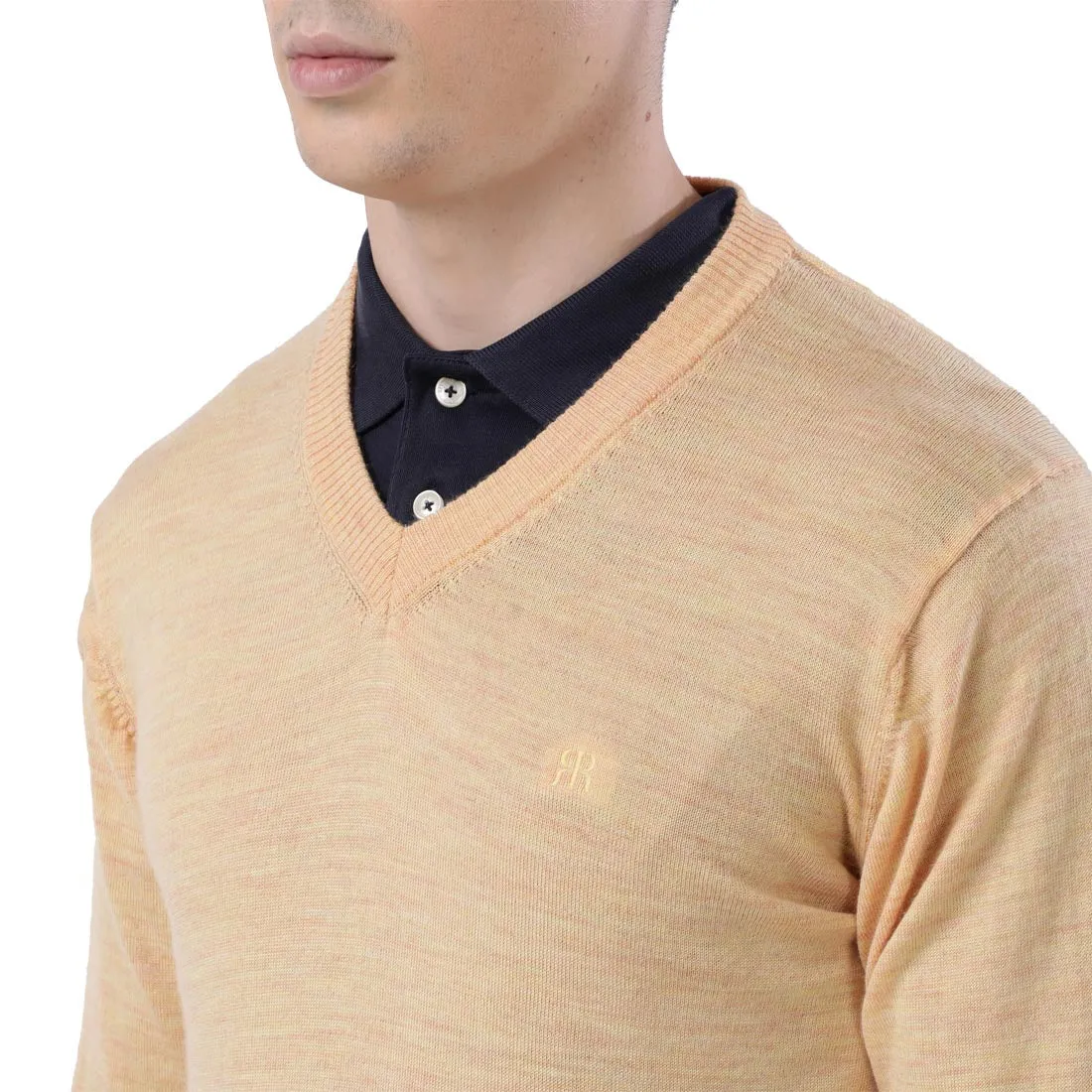 Men Yellow Contemporary Fit Wool Blend V Neck Collar Sweaters