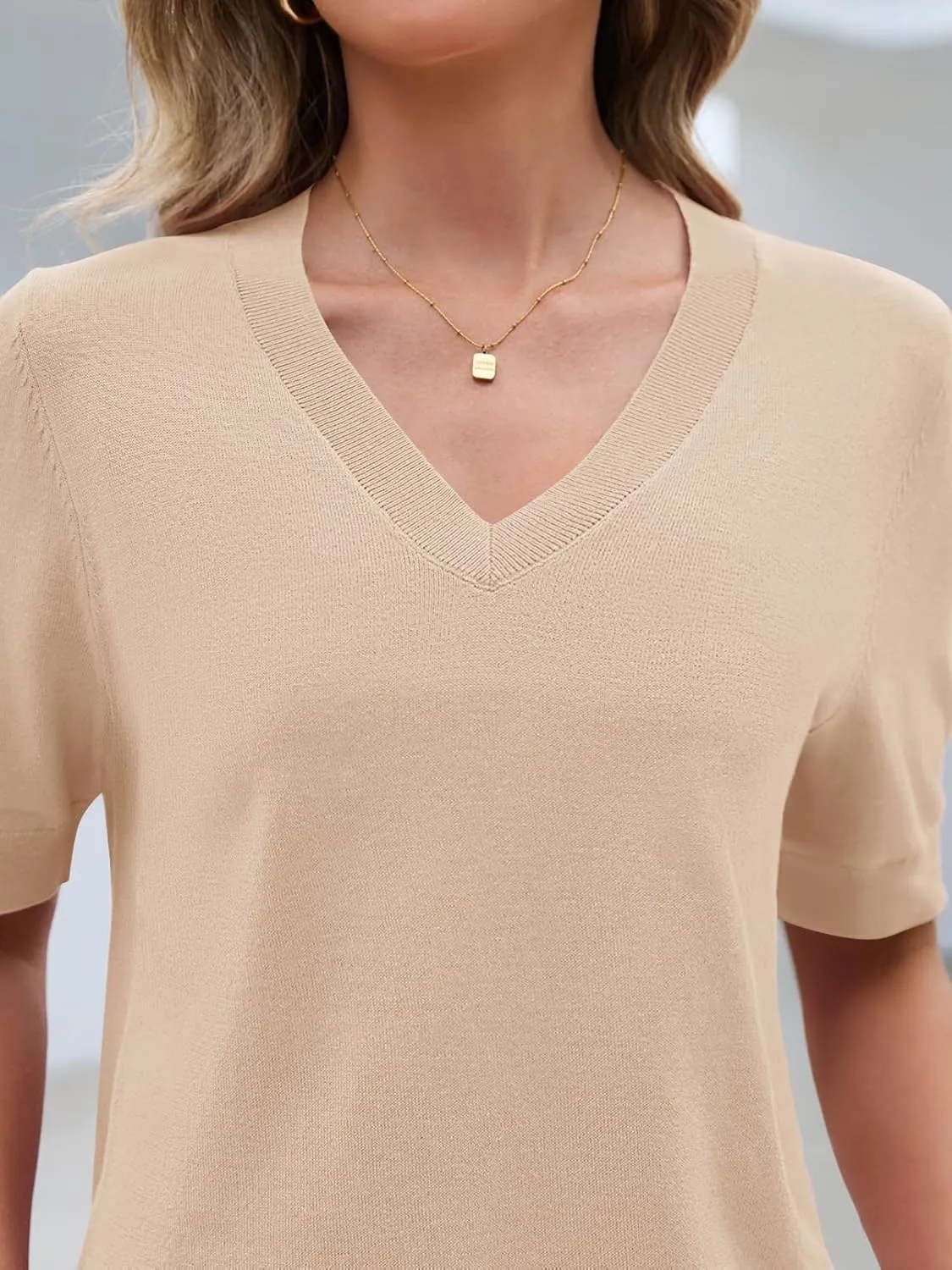 MEROKEETY Women's Summer Short Sleeve Tops Casual V Neck Lightweight Knit Sweater Shirts Blouse
