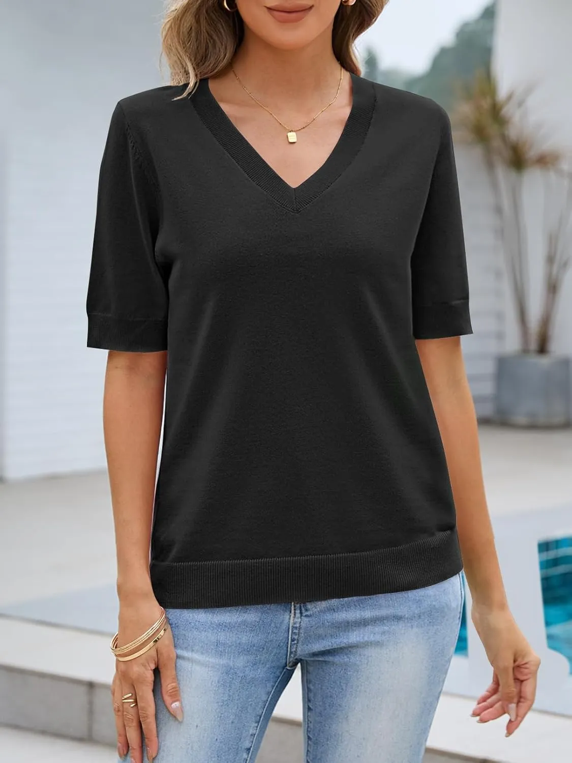 MEROKEETY Women's Summer Short Sleeve Tops Casual V Neck Lightweight Knit Sweater Shirts Blouse