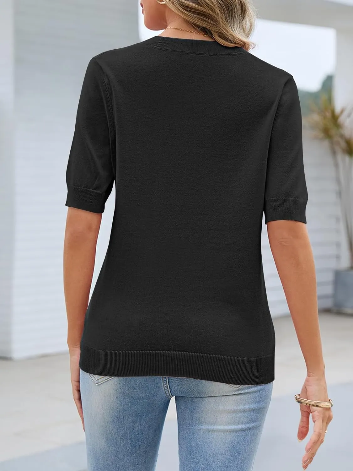 MEROKEETY Women's Summer Short Sleeve Tops Casual V Neck Lightweight Knit Sweater Shirts Blouse
