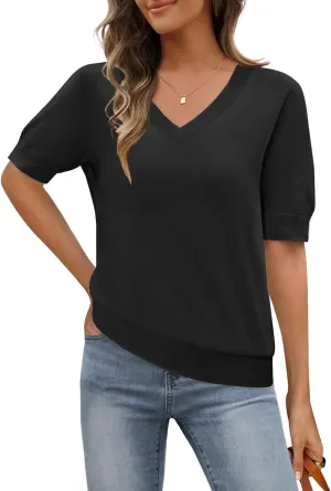 MEROKEETY Women's Summer Short Sleeve Tops Casual V Neck Lightweight Knit Sweater Shirts Blouse