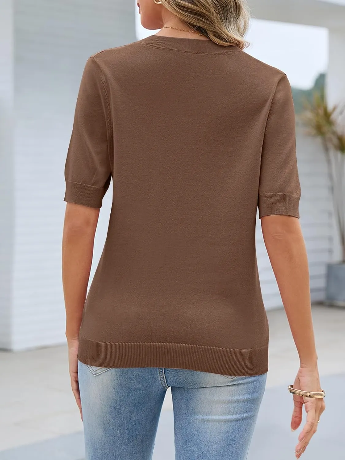 MEROKEETY Women's Summer Short Sleeve Tops Casual V Neck Lightweight Knit Sweater Shirts Blouse