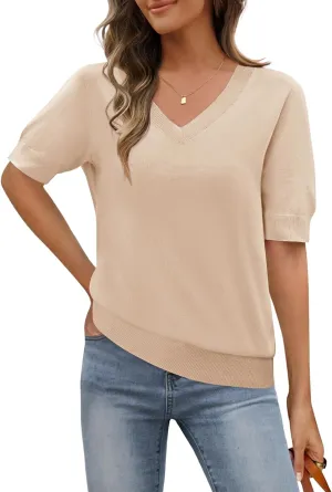 MEROKEETY Women's Summer Short Sleeve Tops Casual V Neck Lightweight Knit Sweater Shirts Blouse