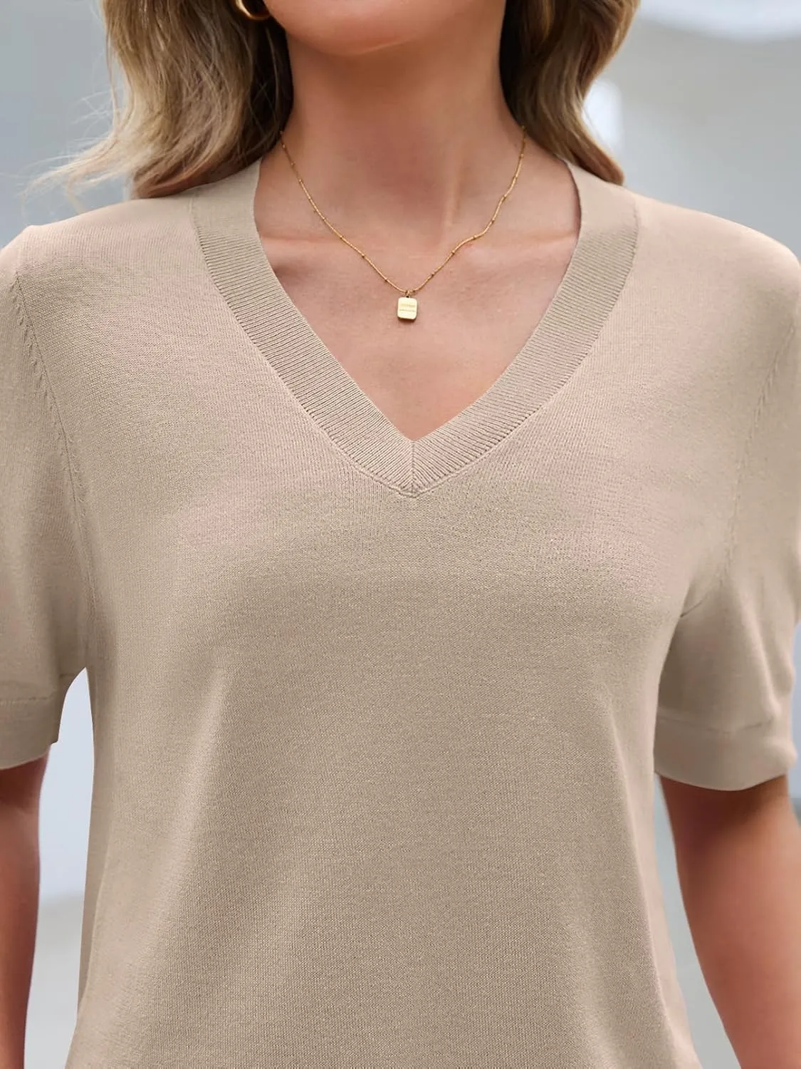 MEROKEETY Women's Summer Short Sleeve Tops Casual V Neck Lightweight Knit Sweater Shirts Blouse