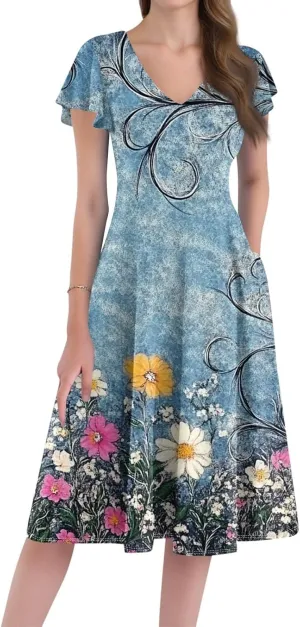 Midi Dresses 2025 Short Sleeve Deep V Neck Summer Casual Plus Size Split Fashion Casual Wedding Guest Dress