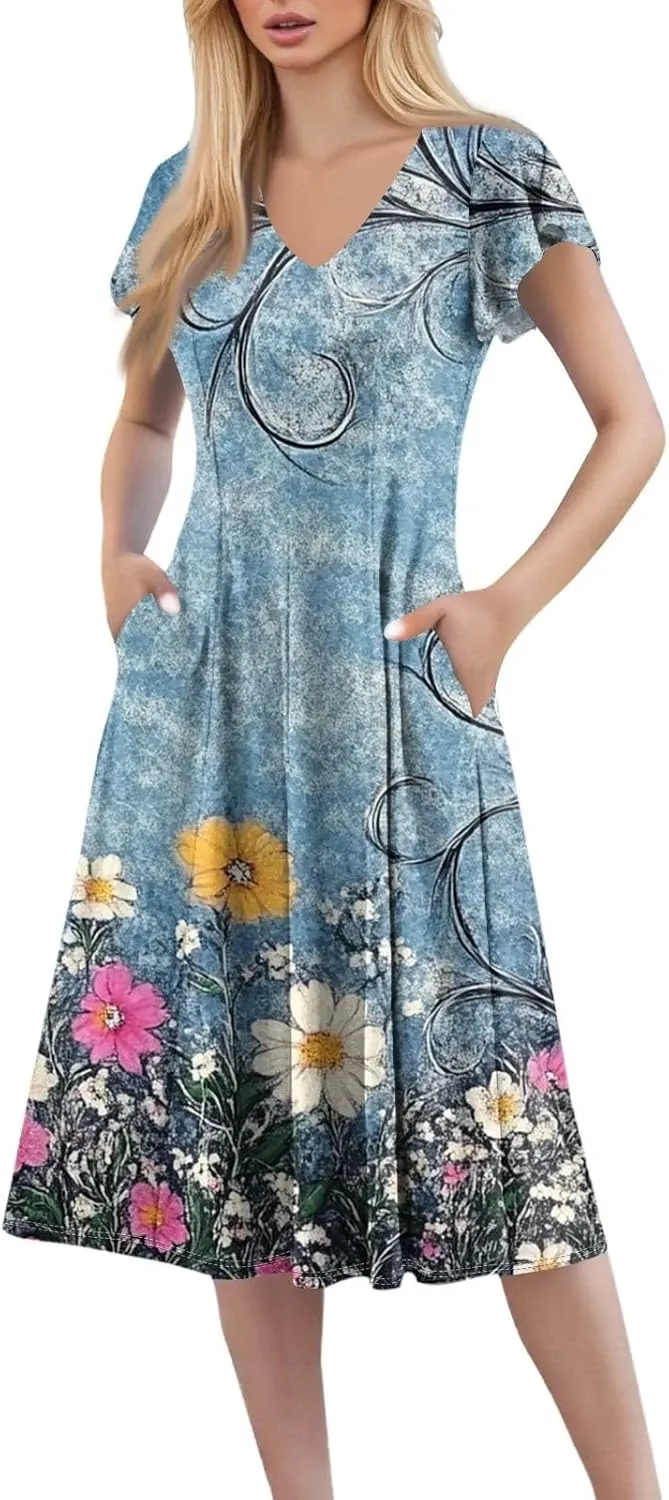 Midi Dresses 2025 Short Sleeve Deep V Neck Summer Casual Plus Size Split Fashion Casual Wedding Guest Dress