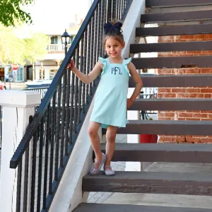 Monogrammed Flutter Sleeve Dress- Aqua