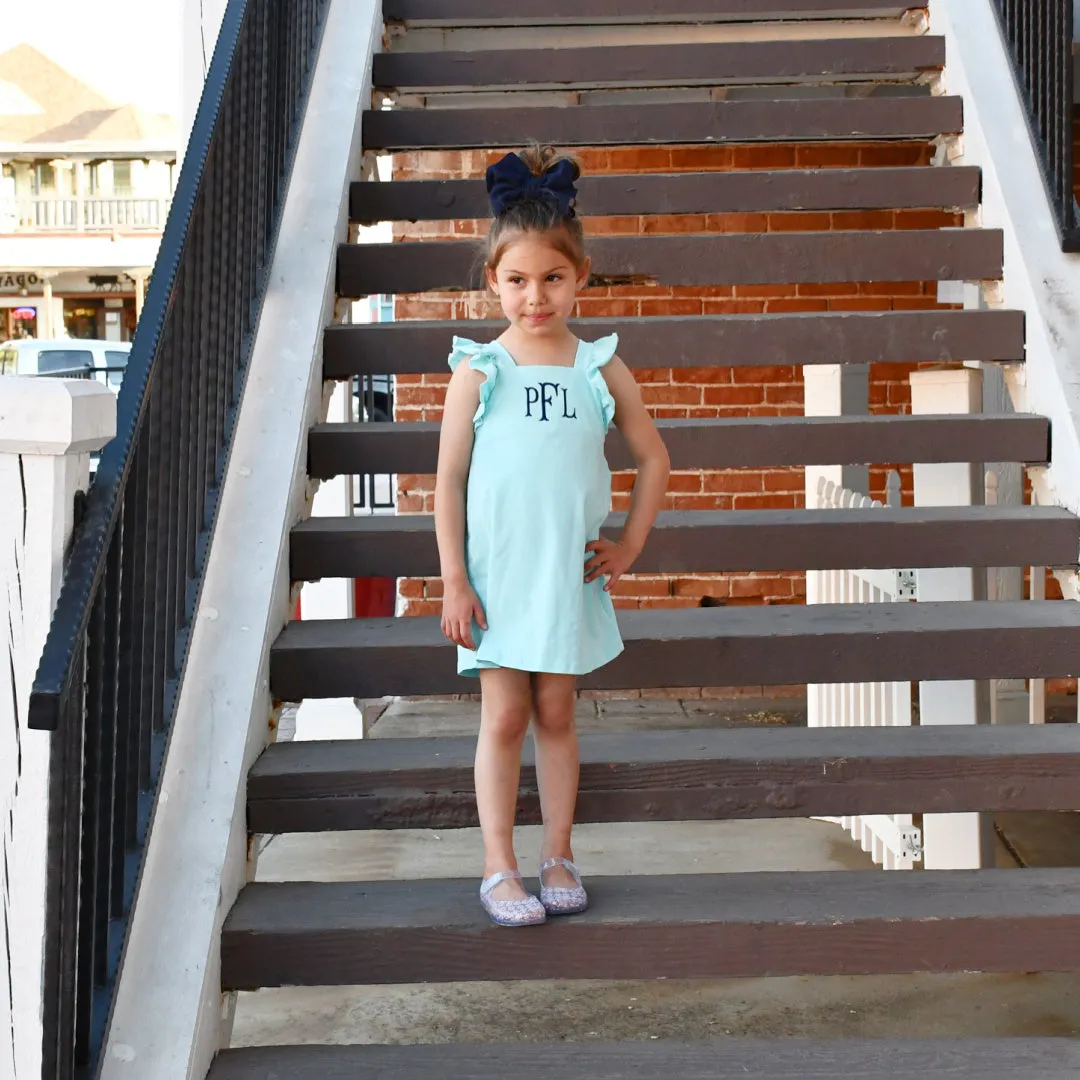 Monogrammed Flutter Sleeve Dress- Aqua