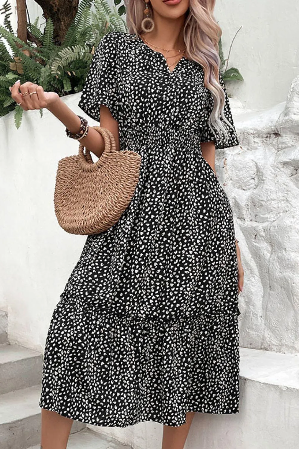 Pleasing Short Sleeve Leopard Midi Dress