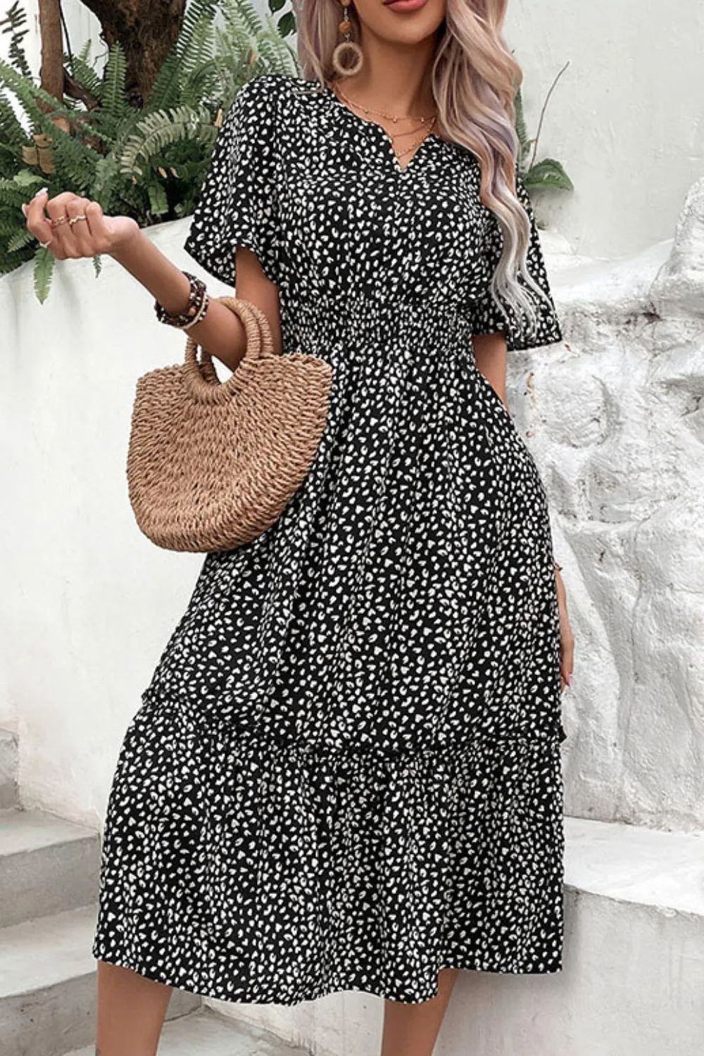Pleasing Short Sleeve Leopard Midi Dress