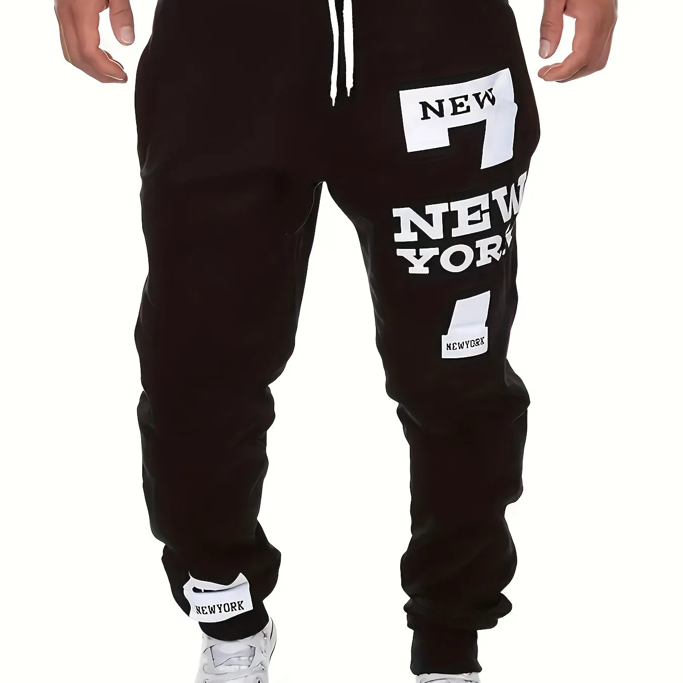"New York" & Number 7 Print Joggers, Men's Casual Stretch Waist Drawstring Sweatpants For All Seasons