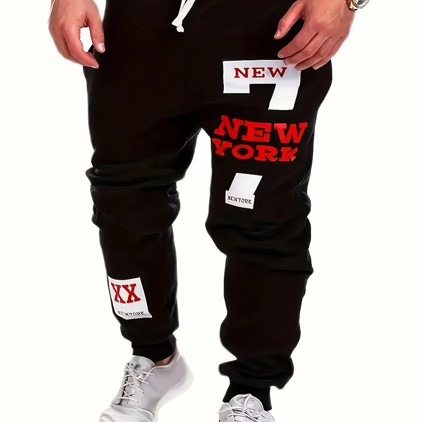 "New York" & Number 7 Print Joggers, Men's Casual Stretch Waist Drawstring Sweatpants For All Seasons