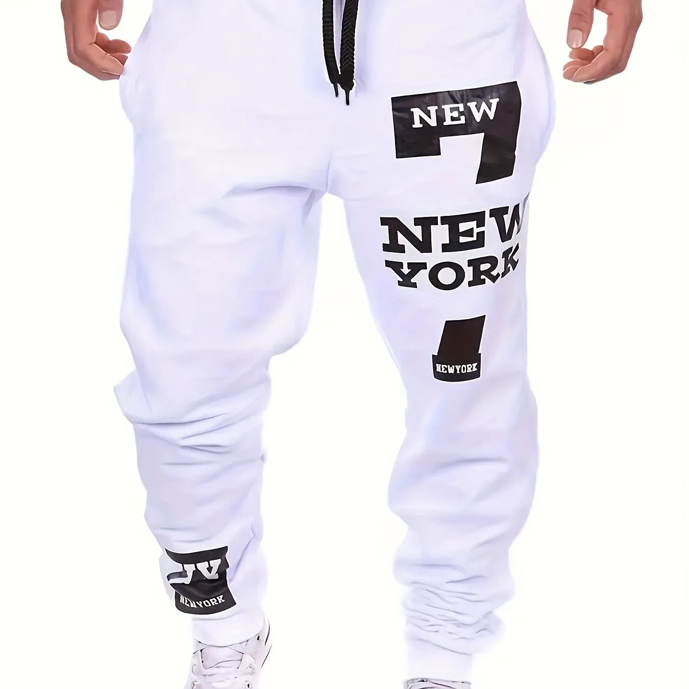 "New York" & Number 7 Print Joggers, Men's Casual Stretch Waist Drawstring Sweatpants For All Seasons