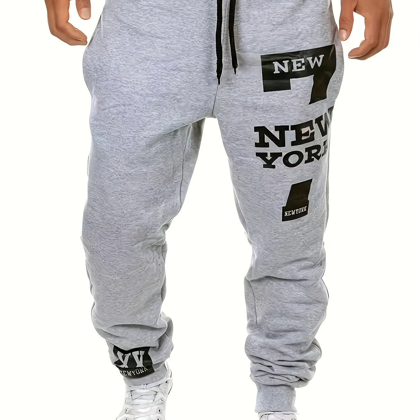 "New York" & Number 7 Print Joggers, Men's Casual Stretch Waist Drawstring Sweatpants For All Seasons