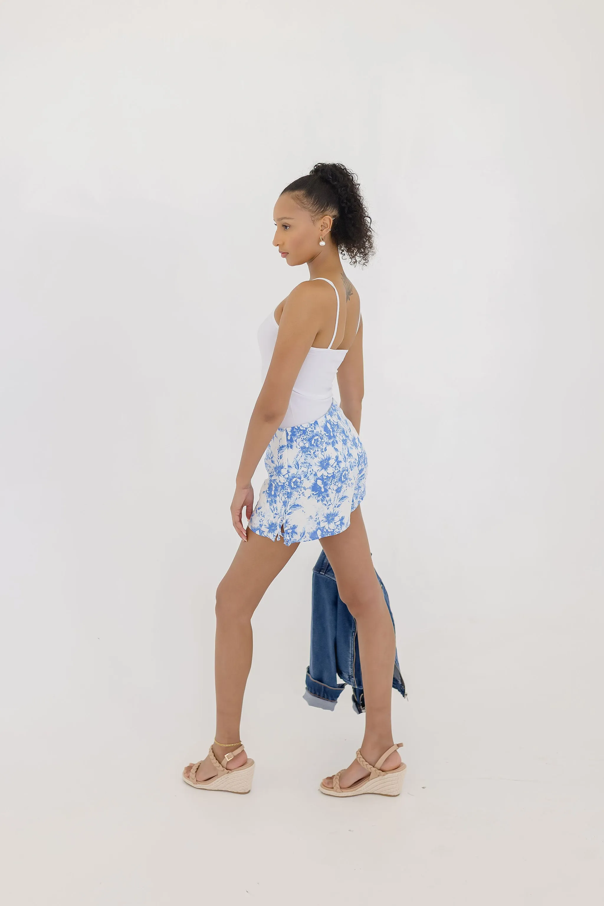 Savi High Waist Floral Print Shorts Blue