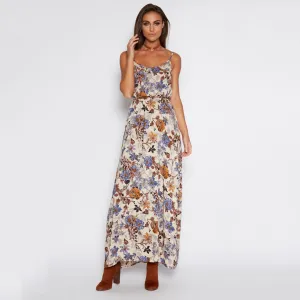 Spaghetti Straps High Waist Floral Print Long Dress
