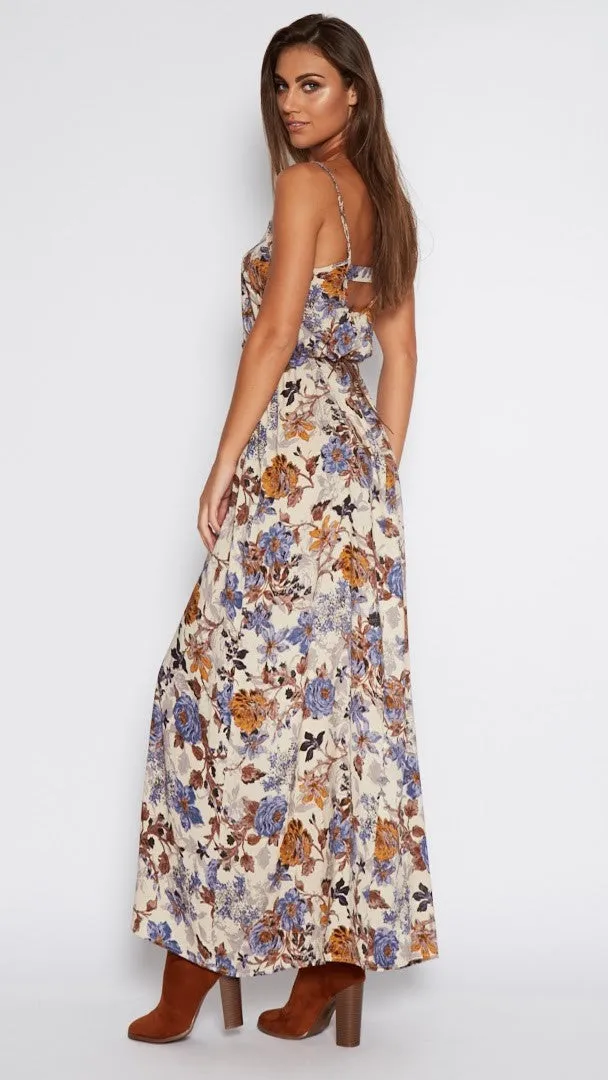 Spaghetti Straps High Waist Floral Print Long Dress