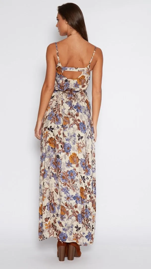 Spaghetti Straps High Waist Floral Print Long Dress