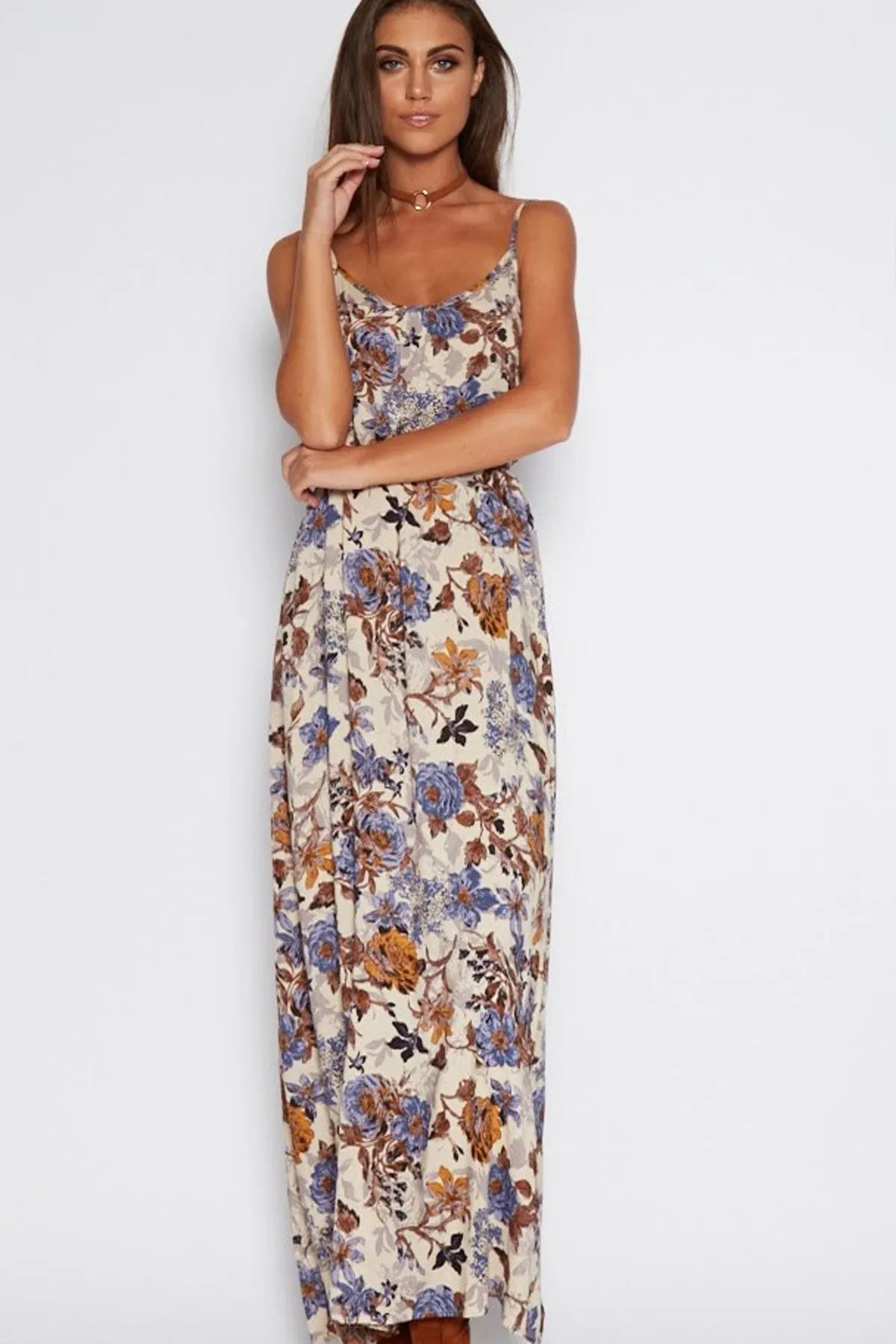 Spaghetti Straps High Waist Floral Print Long Dress