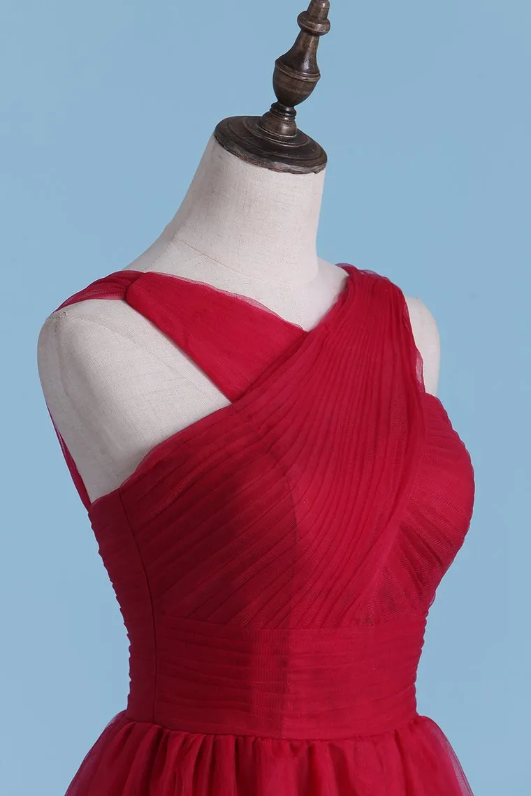 Straps Tulle Pleated Bodice Bridesmaid Dresses A-Line