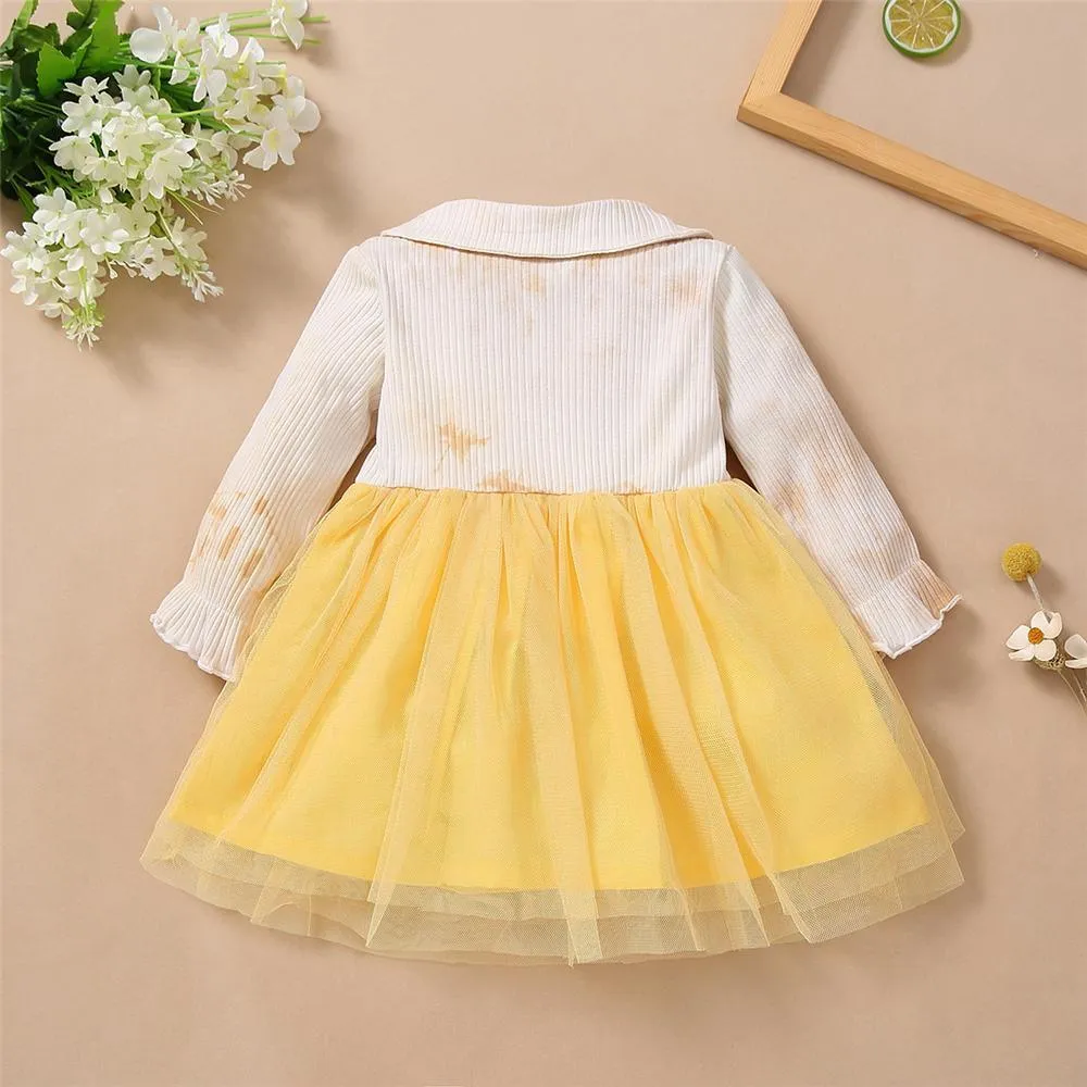 Toddler Girls Bow Long Sleeve Tie Dye Mesh Princess Wholesale Girl Dresses