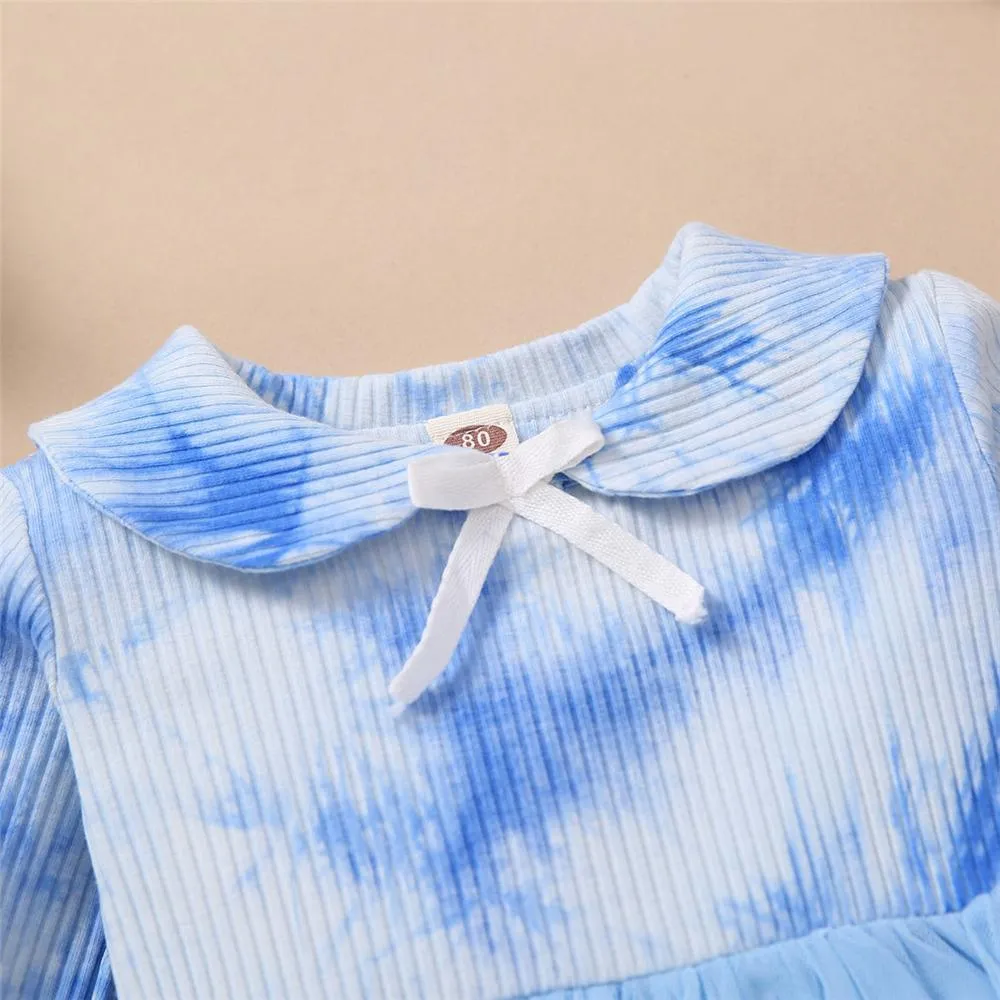 Toddler Girls Bow Long Sleeve Tie Dye Mesh Princess Wholesale Girl Dresses