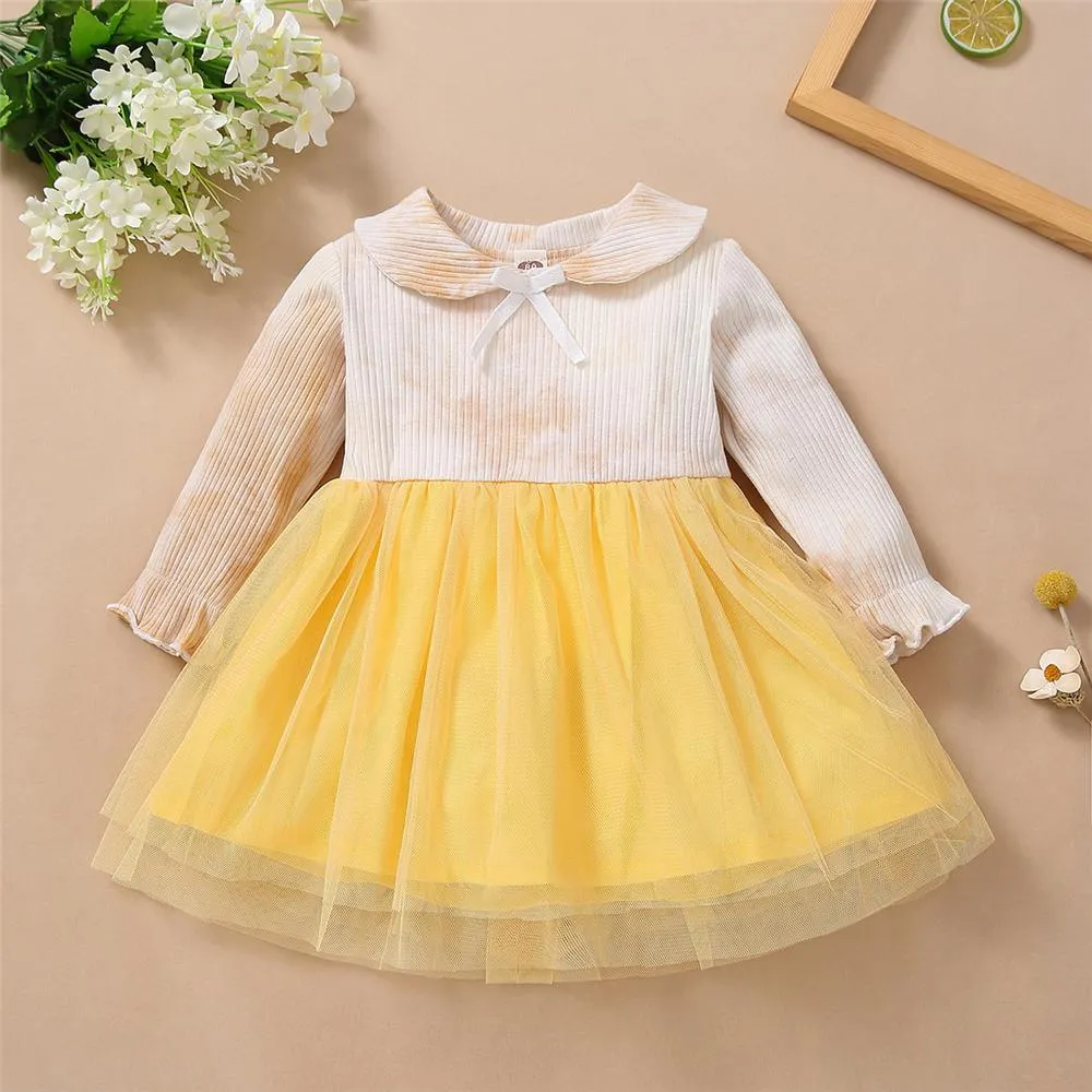 Toddler Girls Bow Long Sleeve Tie Dye Mesh Princess Wholesale Girl Dresses