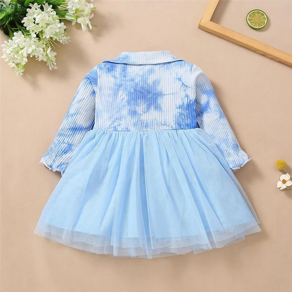 Toddler Girls Bow Long Sleeve Tie Dye Mesh Princess Wholesale Girl Dresses