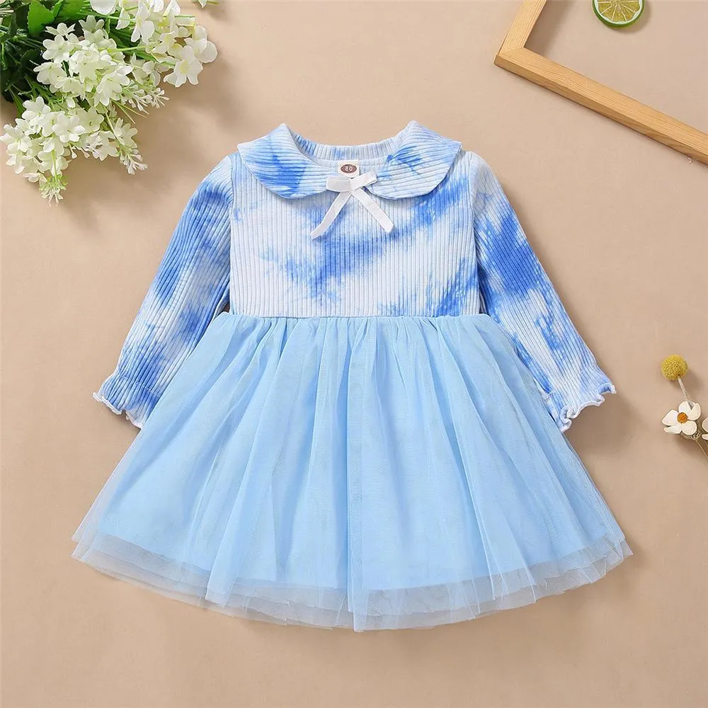 Toddler Girls Bow Long Sleeve Tie Dye Mesh Princess Wholesale Girl Dresses