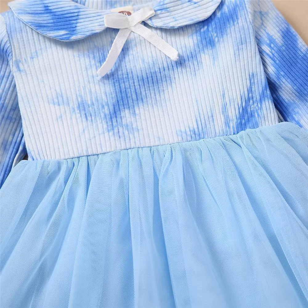 Toddler Girls Bow Long Sleeve Tie Dye Mesh Princess Wholesale Girl Dresses