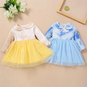 Toddler Girls Bow Long Sleeve Tie Dye Mesh Princess Wholesale Girl Dresses