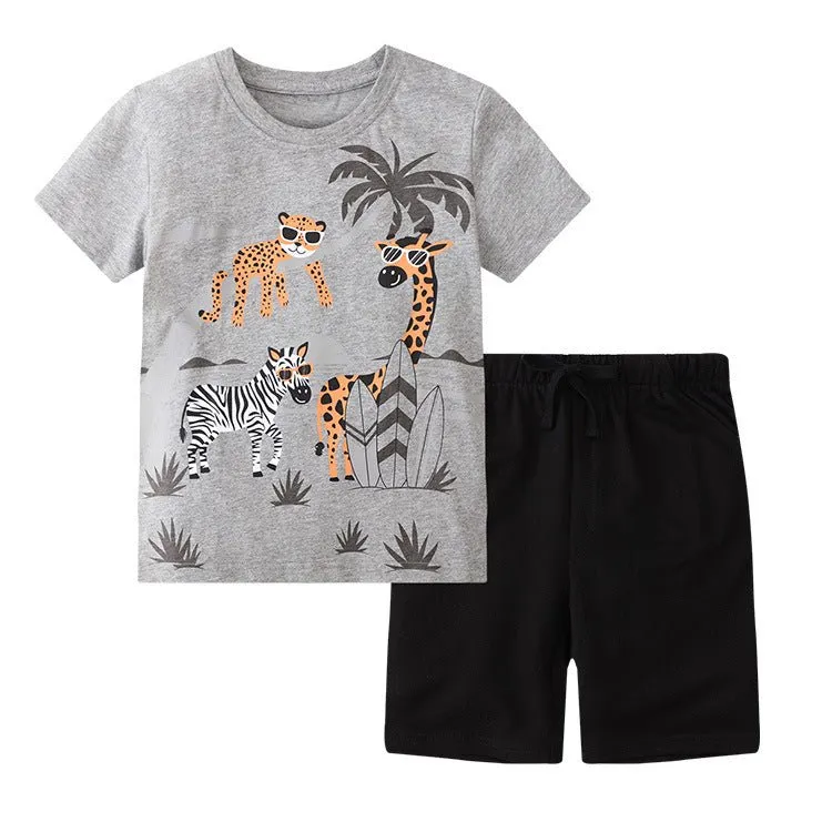 Toddler/Kid Boy Animals Print Cotton T-shirt with Shorts Set (5 Designs)