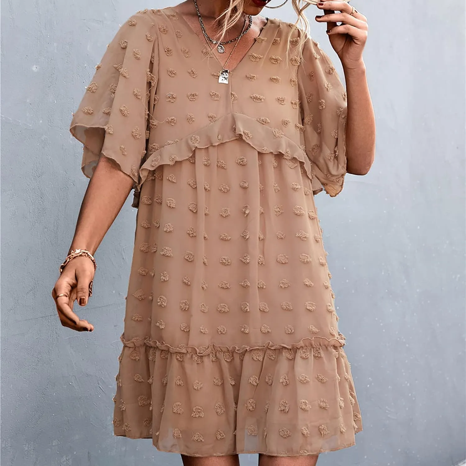 tuduoms Summer Women's Swiss Dot Chiffon Dress Short Sleeve V Neck Beach Mini Dress Casual Ruffle Tiered Flowy Shift Sundress