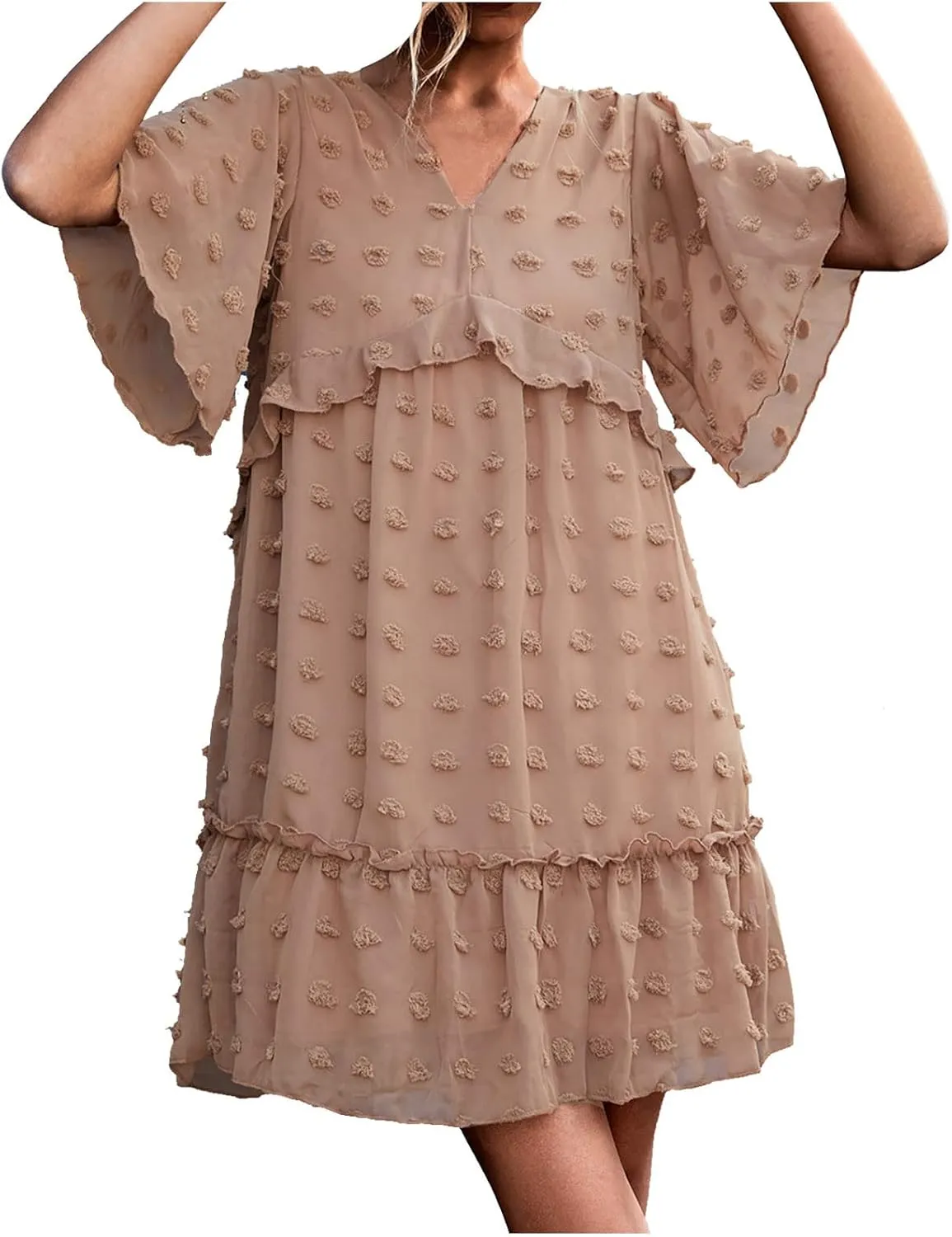 tuduoms Summer Women's Swiss Dot Chiffon Dress Short Sleeve V Neck Beach Mini Dress Casual Ruffle Tiered Flowy Shift Sundress
