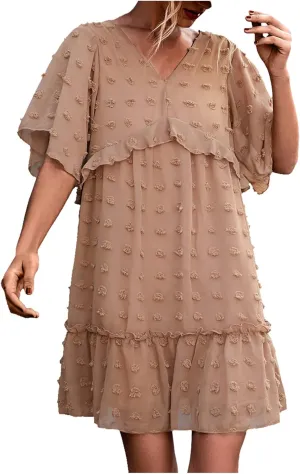 tuduoms Summer Women's Swiss Dot Chiffon Dress Short Sleeve V Neck Beach Mini Dress Casual Ruffle Tiered Flowy Shift Sundress