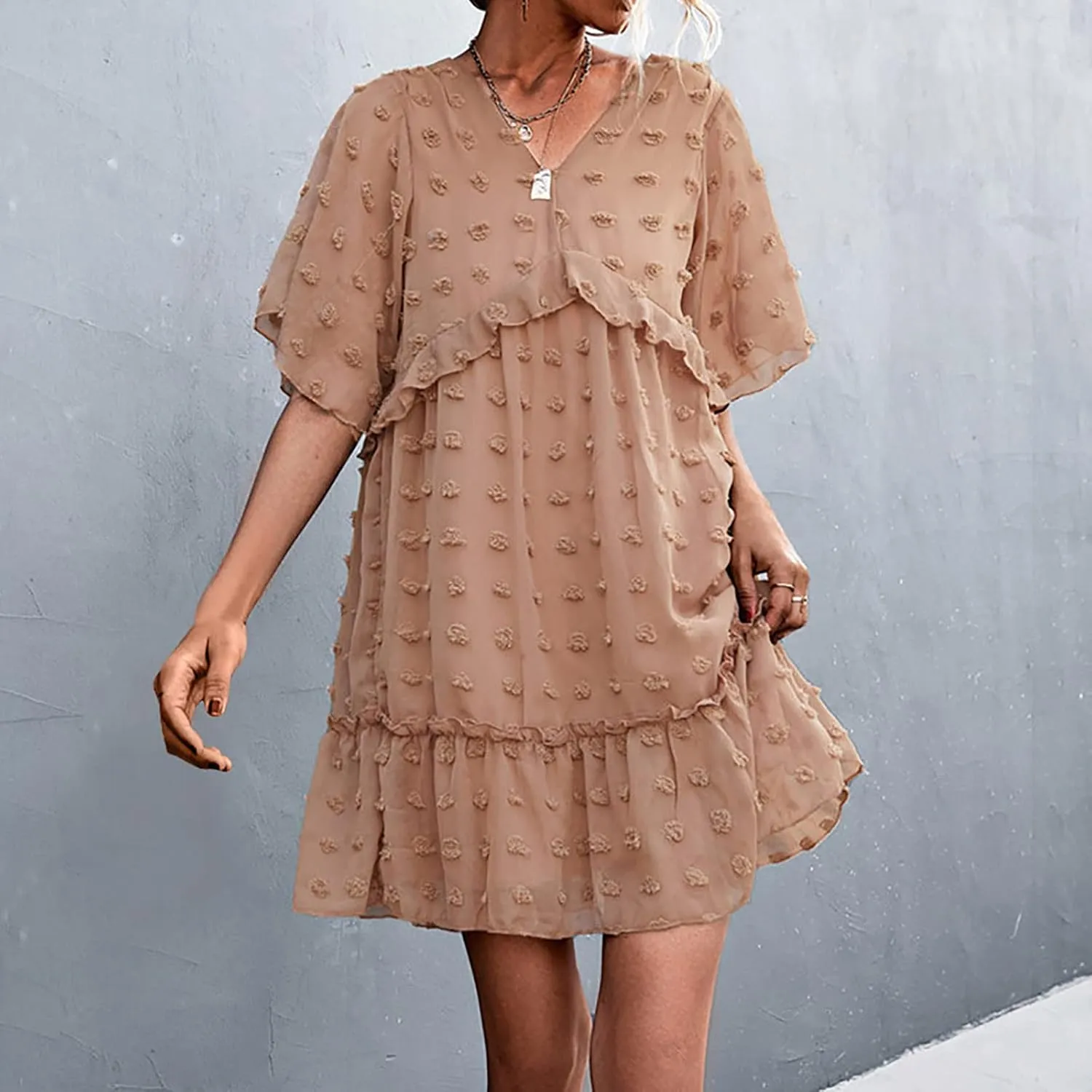 tuduoms Summer Women's Swiss Dot Chiffon Dress Short Sleeve V Neck Beach Mini Dress Casual Ruffle Tiered Flowy Shift Sundress