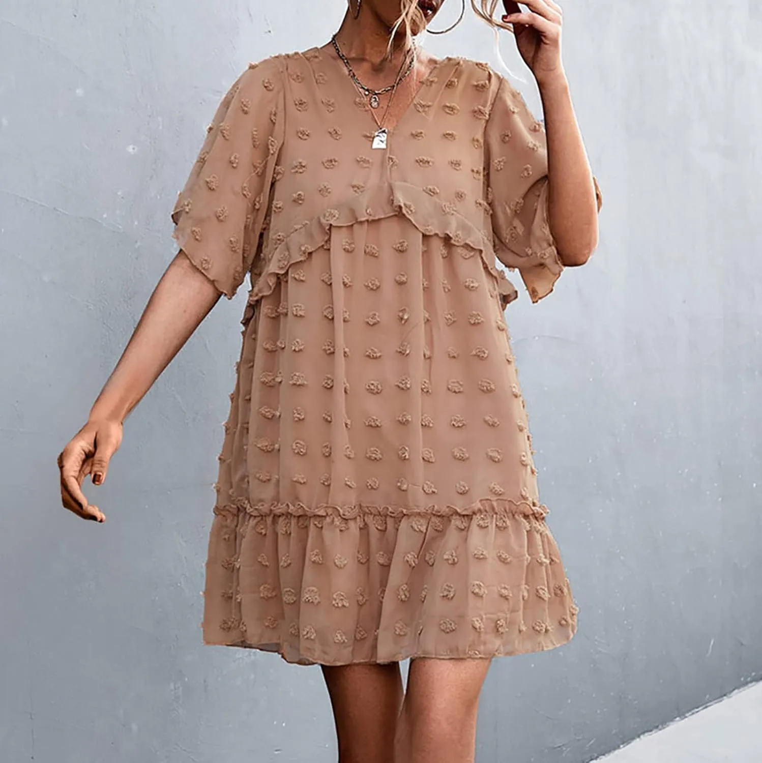 tuduoms Summer Women's Swiss Dot Chiffon Dress Short Sleeve V Neck Beach Mini Dress Casual Ruffle Tiered Flowy Shift Sundress