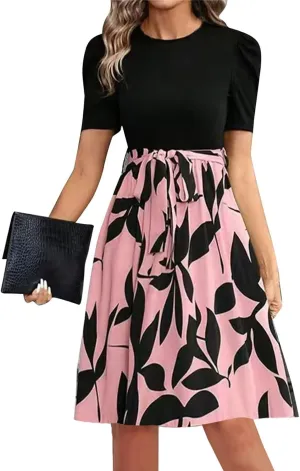 TWGONE Summer Dresses for Women Short Sleeve Casual Midi Dress Floral Print Flowy Church Wedding Guest Dresses with Belt