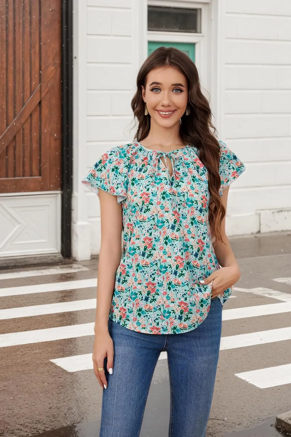 Women's Boho Tops Floral V Neck Blouses Short Sleeve Summer Shirts Dressy Casual Ruffle Tunic Top with Leggings