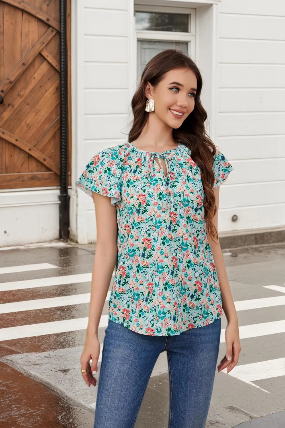 Women's Boho Tops Floral V Neck Blouses Short Sleeve Summer Shirts Dressy Casual Ruffle Tunic Top with Leggings