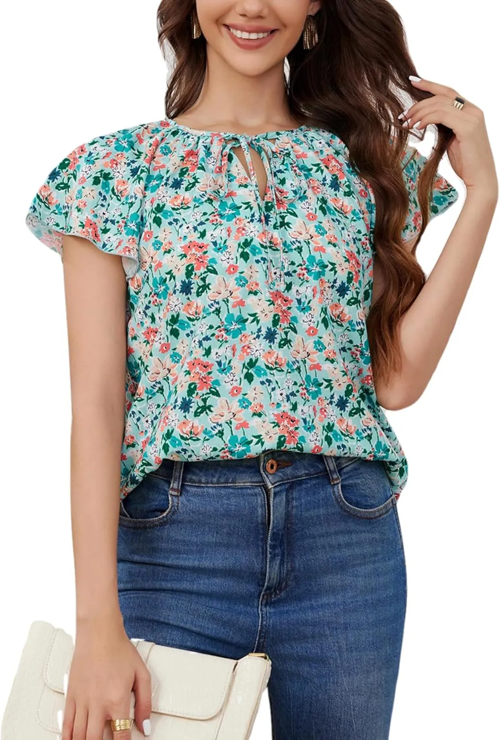 Women's Boho Tops Floral V Neck Blouses Short Sleeve Summer Shirts Dressy Casual Ruffle Tunic Top with Leggings