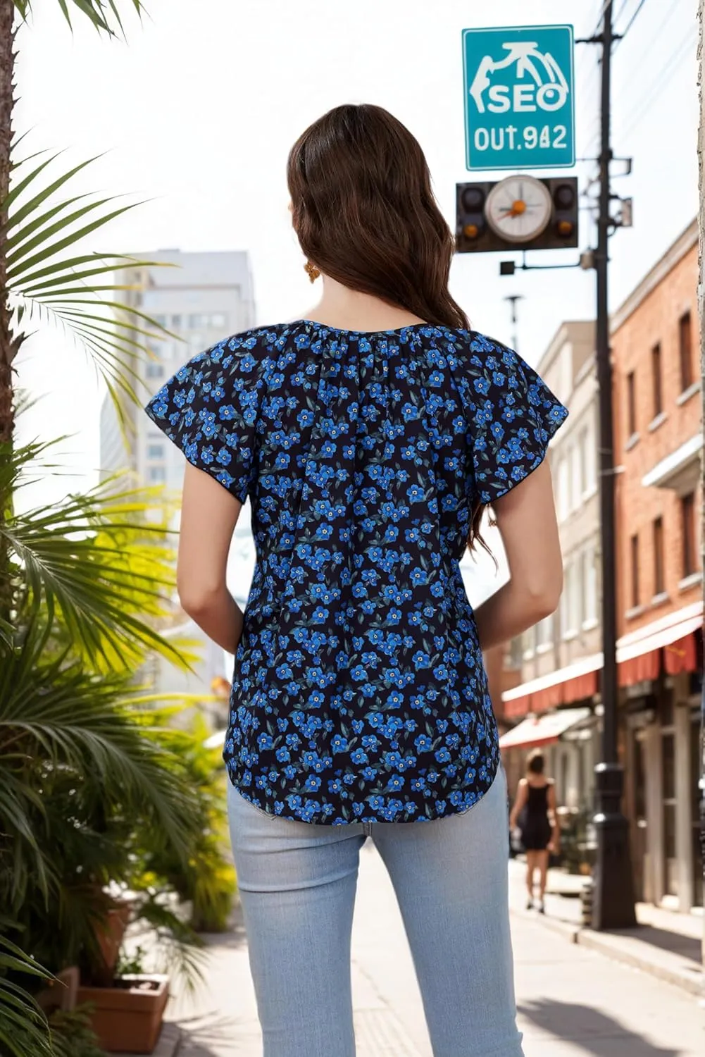 Women's Boho Tops Floral V Neck Blouses Short Sleeve Summer Shirts Dressy Casual Ruffle Tunic Top with Leggings