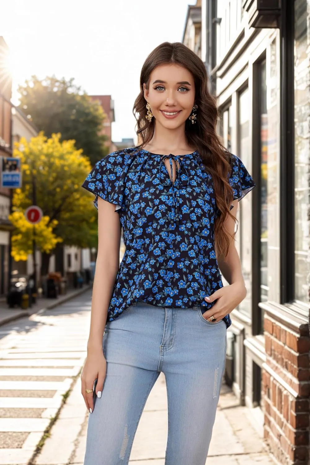 Women's Boho Tops Floral V Neck Blouses Short Sleeve Summer Shirts Dressy Casual Ruffle Tunic Top with Leggings