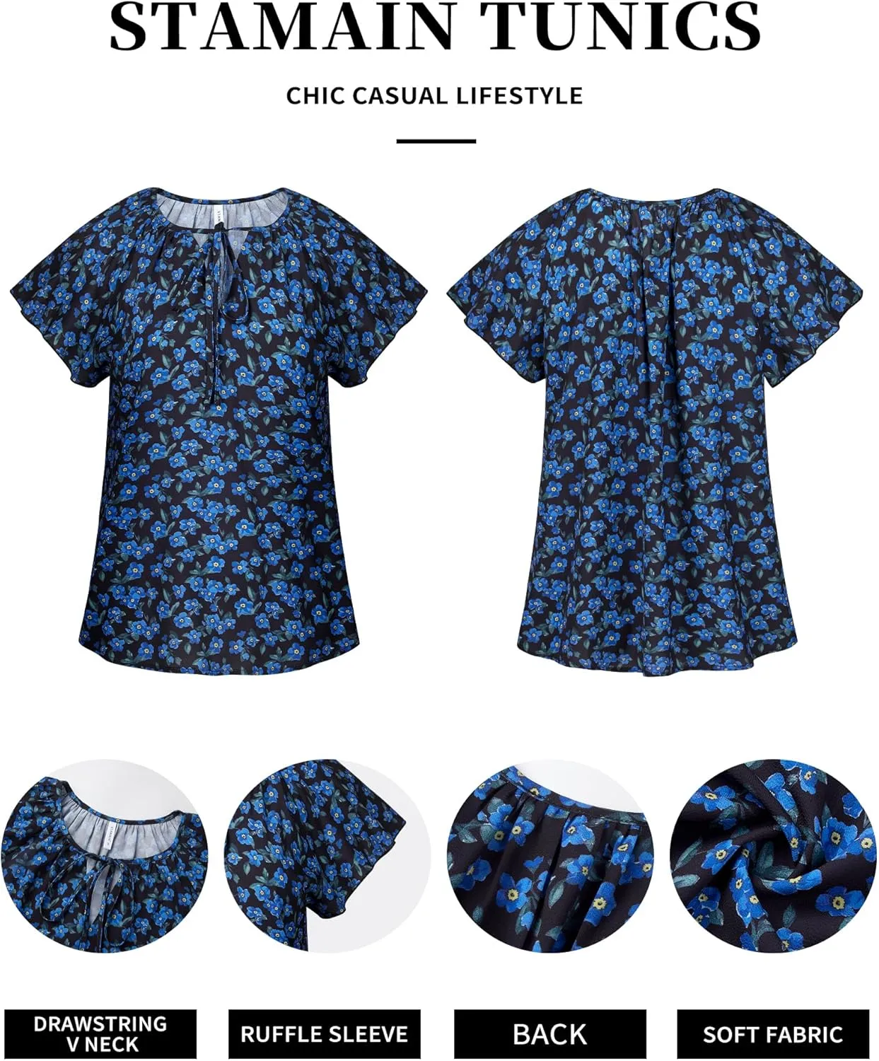 Women's Boho Tops Floral V Neck Blouses Short Sleeve Summer Shirts Dressy Casual Ruffle Tunic Top with Leggings