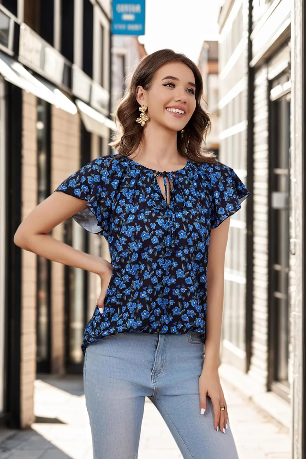 Women's Boho Tops Floral V Neck Blouses Short Sleeve Summer Shirts Dressy Casual Ruffle Tunic Top with Leggings